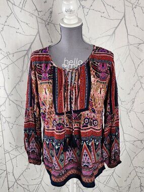 Forbidden LA Colorful Bohemian Print Keyhole Peasant Top